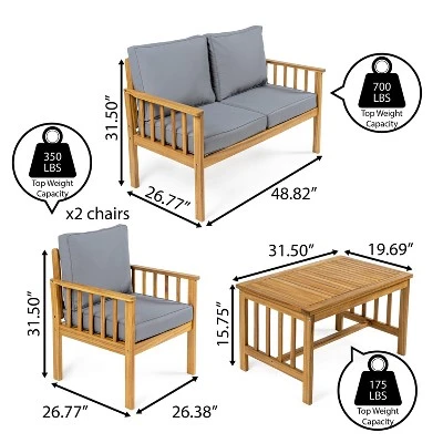 Everly 4-Piece Modern Cottage Acacia Wood Outdoor Patio Set With Cushions And Tropical Decorative Pillows - JONATHAN Y 2 Everly 4-Piece Modern Cottage Acacia Wood Outdoor Patio Set With Cushions And Tropical Decorative Pillows - JONATHAN Y - Image 2
