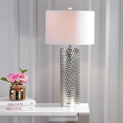 30" Glass Isabella Table Lamp (Includes LED Light Bulb) Silver - JONATHAN Y: Studded Cylindrical Base, Linen Shade, UL Listed 1 30" Glass Isabella Table Lamp (Includes LED Light Bulb) Silver - JONATHAN Y: Studded Cylindrical Base, Linen Shade, UL Listed