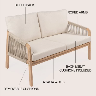Arwen Modern Bohemian Roped Acacia Wood Outdoor Loveseat With Cushions - JONATHAN Y 3 Arwen Modern Bohemian Roped Acacia Wood Outdoor Loveseat With Cushions - JONATHAN Y - Image 3