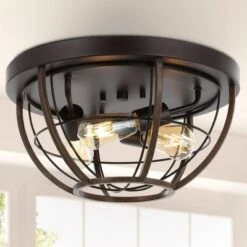 15.75" 3-Light Lyla Rustic Farmhouse Iron LED Flush Mount Wood Finished/Oil Rubbed Bronze - JONATHAN Y -Furniture store GUEST ab70dc4a d119 4342 a958 0d329fb2cb22