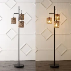 JONATHAN Y Isla 70.75" 3-Light Mid-Century Bohemian Floor Lamp: Rattan Shades, UL Listed, Push Button Switch -Furniture store GUEST b2b45ba0 fe54 4e5f 84ec 70496140d8a3