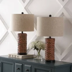 JONATHAN Y Elicia (Set Of 2) 25" Coastal Water Hyacinth (Includes LED Light Bulb) Table Lamps Dark Brown: Linen Shade, UL Listed -Furniture store GUEST b66a16b1 4959 4231 8301 e8610ffb4e31