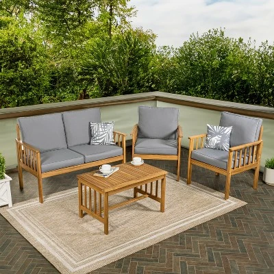 Everly 4-Piece Modern Cottage Acacia Wood Outdoor Patio Set With Cushions And Tropical Decorative Pillows - JONATHAN Y 4 Everly 4-Piece Modern Cottage Acacia Wood Outdoor Patio Set With Cushions And Tropical Decorative Pillows - JONATHAN Y - Image 4
