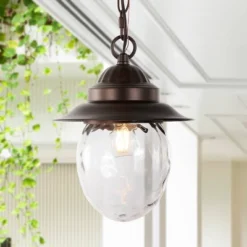 8.25" 1-Light Manteo Farmhouse Industrial Iron/Glass Outdoor LED Pendant Oil Rubbed Bronze/Clear - JONATHAN Y
