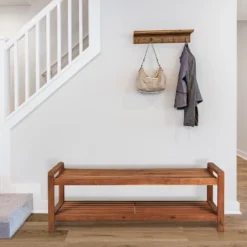 Blane 3-Seat Mid-Century Modern Acacia Wood Slat Outdoor Garden Patio Bench - JONATHAN Y -Furniture store GUEST cf792c64 af25 437f 86dc 196c8052c10b