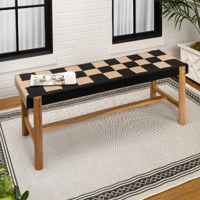JONATHAN Y Denis 48" 2-Seat Backless 700-Lbs Support Acacia Wood Outdoor Bench With Checkerboard Woven Rope Seat 1 JONATHAN Y Denis 48" 2-Seat Backless 700-Lbs Support Acacia Wood Outdoor Bench With Checkerboard Woven Rope Seat