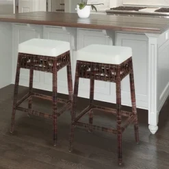 JONATHAN Y Bali Bohemian Basics Rattan Backless Bar Stool, White Cushion With Dark Brown Woven Frame -Furniture store GUEST d931dfa2 138c 4bfc a707 8a5fd1330da0