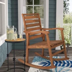 Carey Modern Slat-Back Acacia Wood Patio Outdoor Rocking Chair - JONATHAN Y