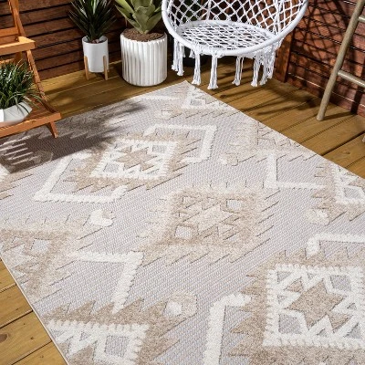 Sumak High-Low Pile Neutral Diamond Kilim Indoor/Outdoor Area Rug - JONATHAN Y 7 Sumak High-Low Pile Neutral Diamond Kilim Indoor/Outdoor Area Rug - JONATHAN Y - Image 7