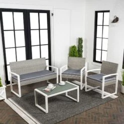 Elina 4-Piece Modern Coastal Faux Wicker Conversation Outdoor Patio Set - JONATHAN Y