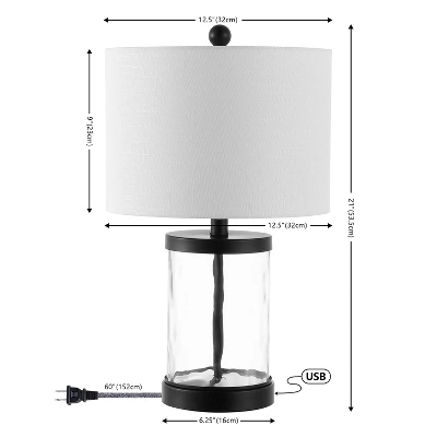 Set Of 2 21" Alexander Modern Iron/Water Glass Table Lamps With USB Port - JONATHAN Y: Bedroom Charging Station, Drum Shade 7 Set Of 2 21" Alexander Modern Iron/Water Glass Table Lamps With USB Port - JONATHAN Y: Bedroom Charging Station, Drum Shade - Image 7