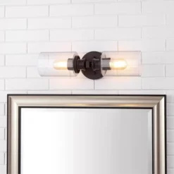 LED 2-Light Jules Edison Cylinder Iron/Seeded Glass Contemporary Wall Sconce Oil Rubbed Bronze - JONATHAN Y: Bathroom Vanity Lighting, Art Deco Style