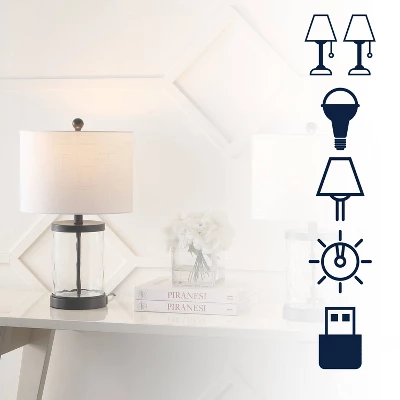Set Of 2 21" Alexander Modern Iron/Water Glass Table Lamps With USB Port - JONATHAN Y: Bedroom Charging Station, Drum Shade 2 Set Of 2 21" Alexander Modern Iron/Water Glass Table Lamps With USB Port - JONATHAN Y: Bedroom Charging Station, Drum Shade - Image 2
