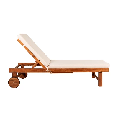 Seabrook 69 X 24 Inch Outdoor Acacia Wood Lounger With Cushion, 5-Position Back, Slide Table & Wheels -JONATHAN Y 4 Seabrook 69 X 24 Inch Outdoor Acacia Wood Lounger With Cushion, 5-Position Back, Slide Table & Wheels -JONATHAN Y - Image 4