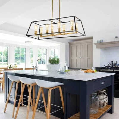 35" 8-Light Liane Farmhouse Industrial Iron Linear LED Pendant Black/Brass Gold - JONATHAN Y 3 35" 8-Light Liane Farmhouse Industrial Iron Linear LED Pendant Black/Brass Gold - JONATHAN Y - Image 3